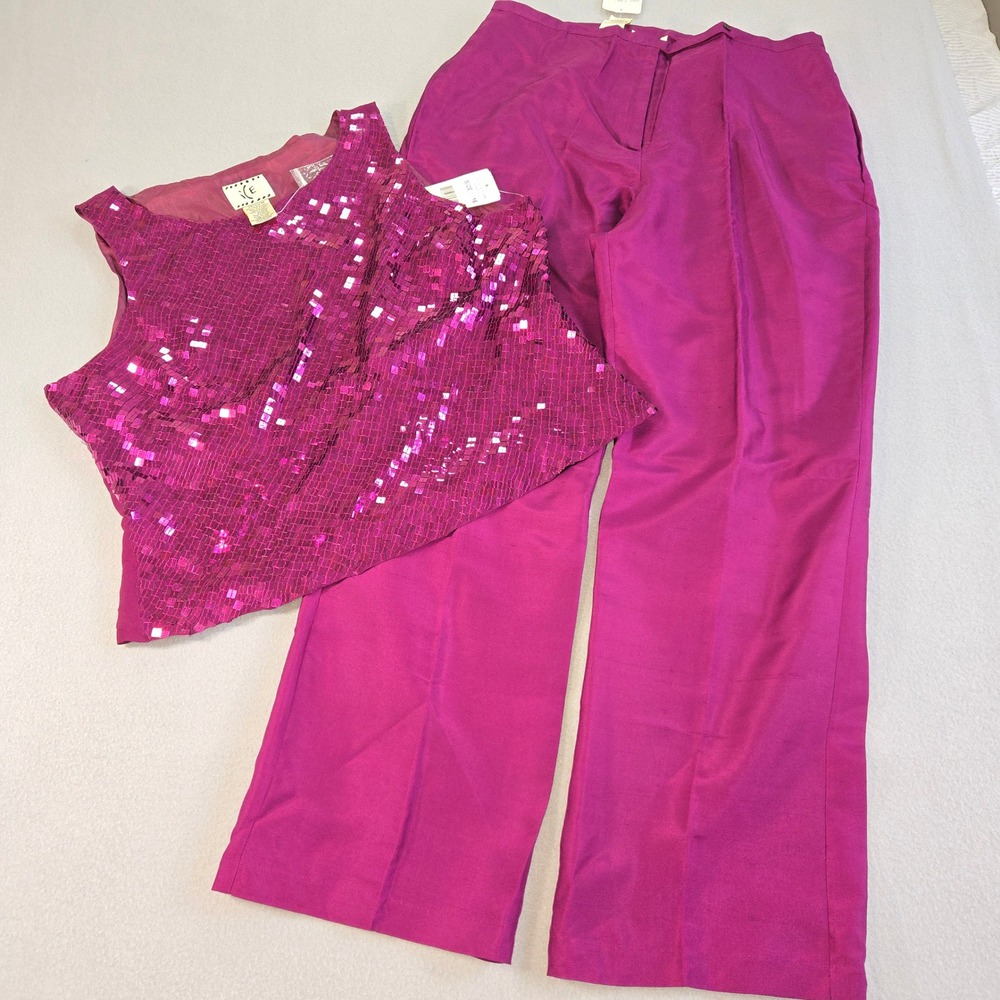 iCE Pant Set Womens 16 Magenta Raw Silk Sequin Tank Top Straight Leg Trousers